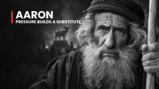Aaron, Israel's first high priest, grips a staff with a troubled look, a portrait of the leader who yielded to the crowd.