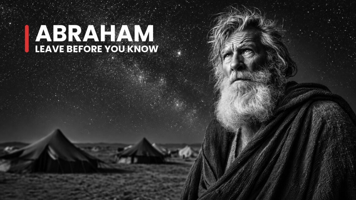 Abraham the father of faith looks toward a star-filled sky above desert tents, trusting a promise beyond what he can see.