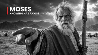 Moses, Israel's accountable leader, points across a desert camp while gripping a staff, his stern face framed by peaks.