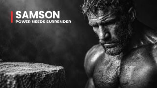 Samson, Israel's deliverer, bows his head beside a stone pillar, his tense shoulders recalling victory through his death.