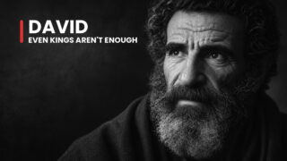 David, the king denied his temple dream, looks upward in a dark portrait, his furrowed brow suggesting unfinished hope.
