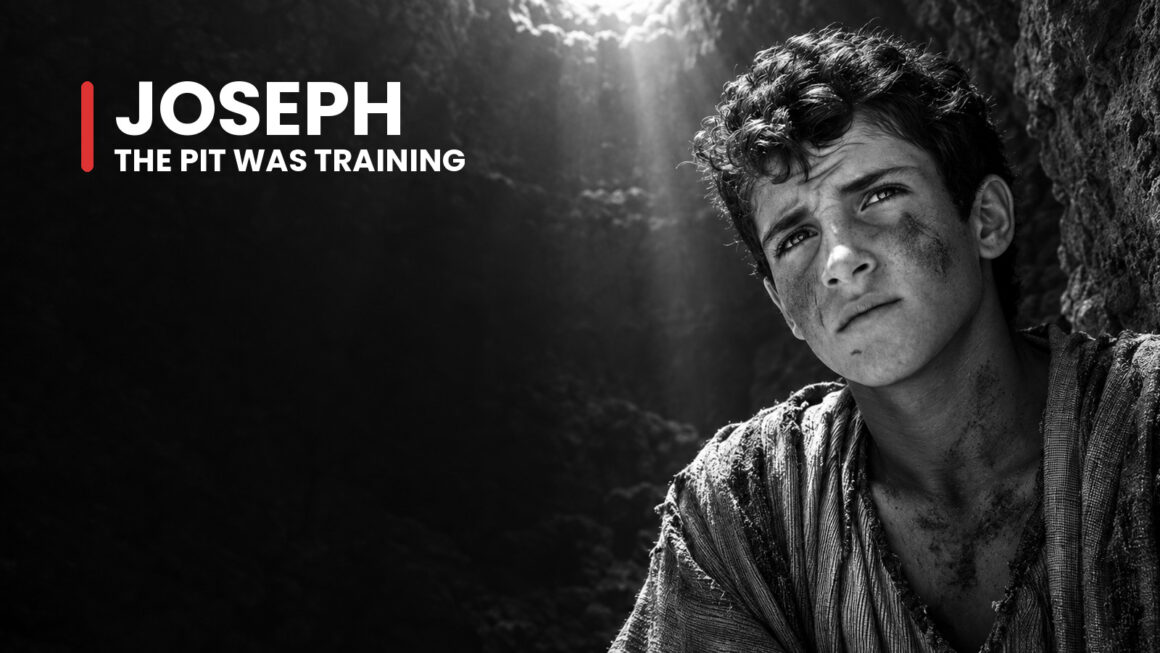 Joseph, Jacob's favored son, lifts his robe over his head among hills and sheep, his wary face preceding years of betrayal.