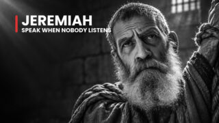 Jeremiah the rejected prophet raises bound wrists in a courtyard, his sorrowful face showing the cost of speaking truth.