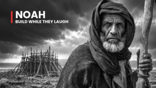 Noah the ark builder holds a rough staff beside an unfinished timber frame, his firm stare matching faith without applause.