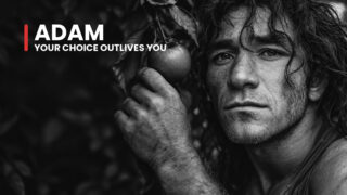Adam the first man grips a fruit-laden branch close to his face, his uneasy gaze holding the moment before a lasting choice.