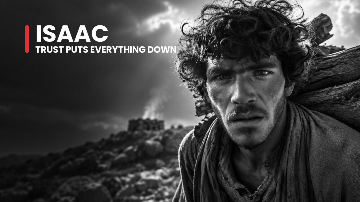 Isaac, Abraham's promised son, carries wood uphill with an anxious gaze, continuing toward an offering he cannot explain.
