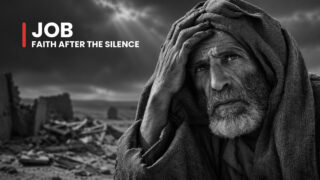 Job the suffering man of Uz presses a hand to his forehead amid ruins, his searching eyes holding grief without an answer.