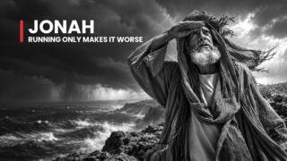 Jonah the reluctant prophet shades his eyes beside a leafless plant on a dry hillside, evoking his resentment of mercy.