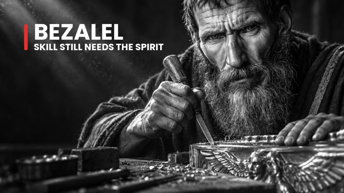 Bezalel the Spirit-filled craftsman holds a tool beside his bearded face, his intent gaze highlighting the artist's calling.