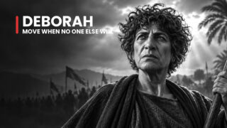 Deborah the judge and prophet raises an arm against an open sky, her resolute face capturing the decision to go first.