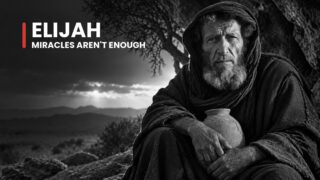 Elijah the exhausted prophet holds a clay jar in a barren landscape, his tired face recalling the collapse after Carmel.