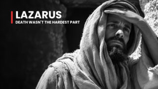 Lazarus, Jesus' restored friend, shields his eyes at a stone doorway, facing the light and uncertainty of life after death.