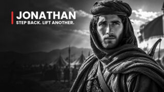 Jonathan, the prince who yielded to David, stands cloaked before soldiers and banners, his alert gaze free of royal display.