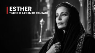 Esther the Jewish queen holds a goblet in a columned palace, her composed gaze recalling the banquet before her appeal.