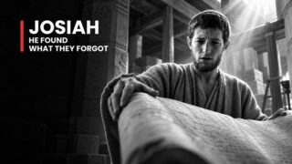 Josiah, Judah's reforming king, spreads a scroll toward us amid temple scaffolding. Text: JOSIAH — HE FOUND / WHAT THEY FORGOT.