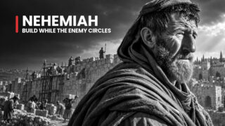 Nehemiah the wall builder looks back over Jerusalem's stones and workers, watchful as the rebuilding faces opposition.