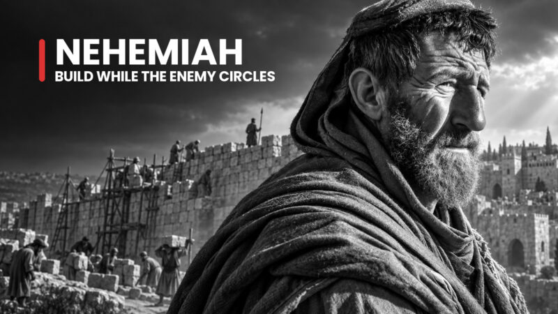 Nehemiah the wall builder looks back over Jerusalem's stones and workers, watchful as the rebuilding faces opposition.