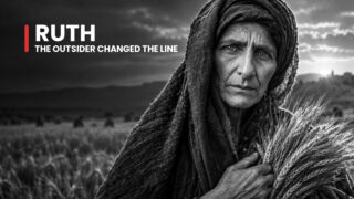 Ruth the Moabite widow holds gathered grain against her chest in a field, her weathered face reflecting steadfast loyalty.