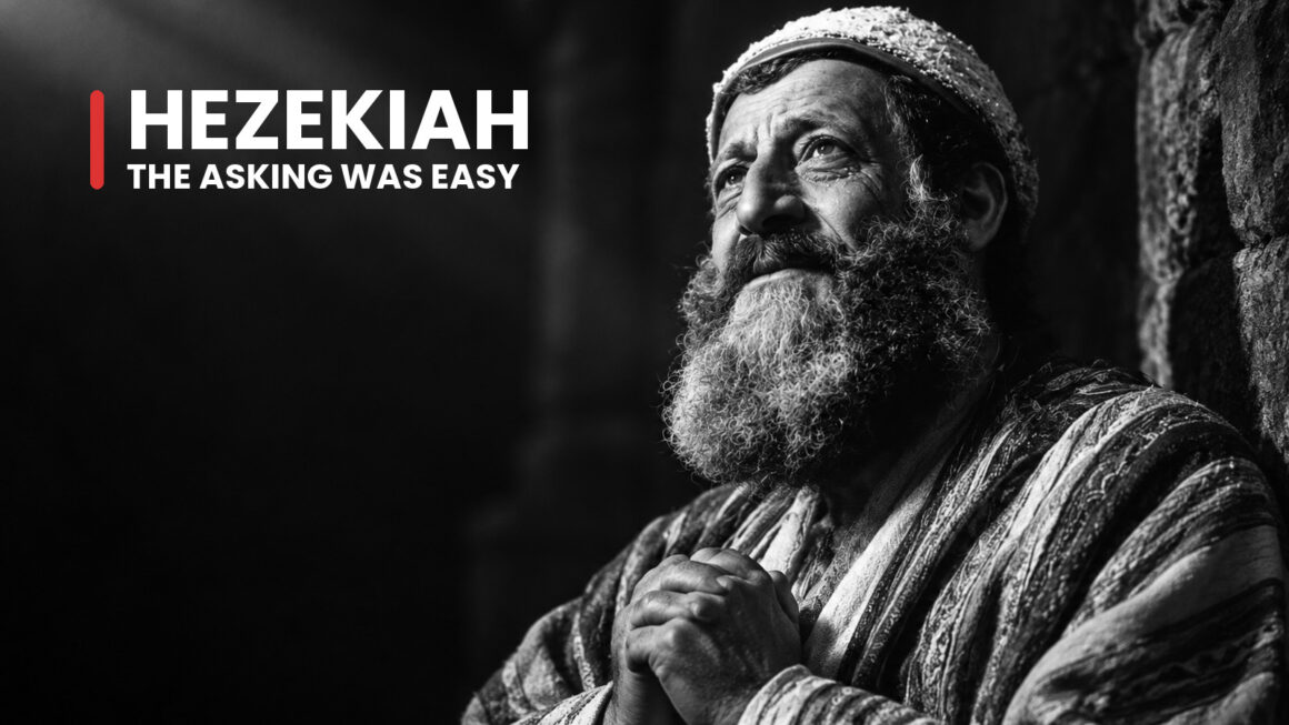 Hezekiah, Judah's king granted extra years, holds his arms open in a dark portrait with a searching upward gaze.