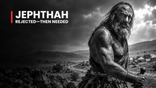 Jephthah the rejected warrior grips a sword above a sprawling camp, his rugged bearing showing the strength forged in exile.