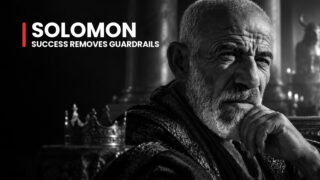 Solomon, Israel's king without a correcting voice, looks warily past the viewer with Jerusalem's walls behind him.