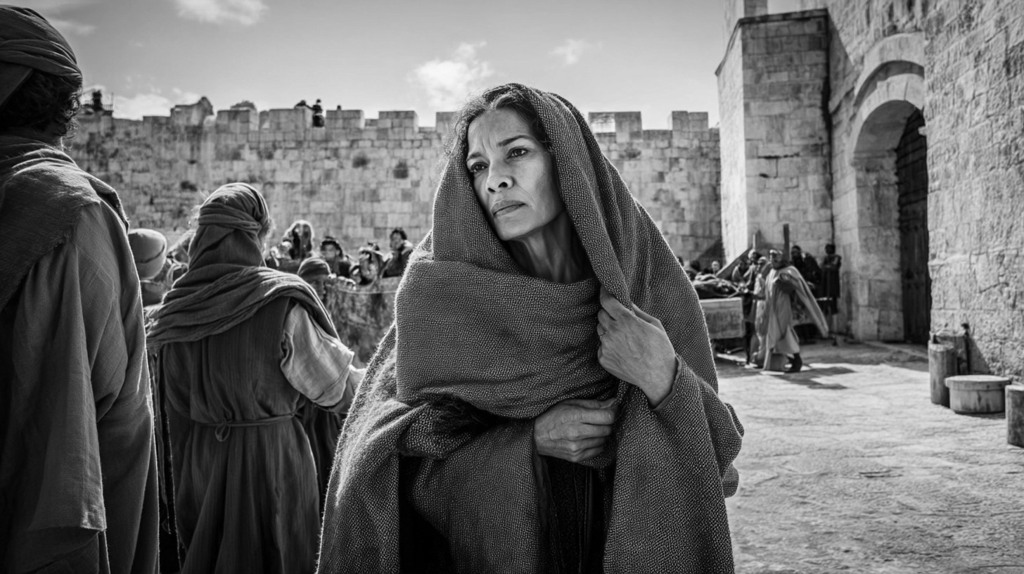 Text-free imagined historical portrait of Athaliah in a Jerusalem courtyard.