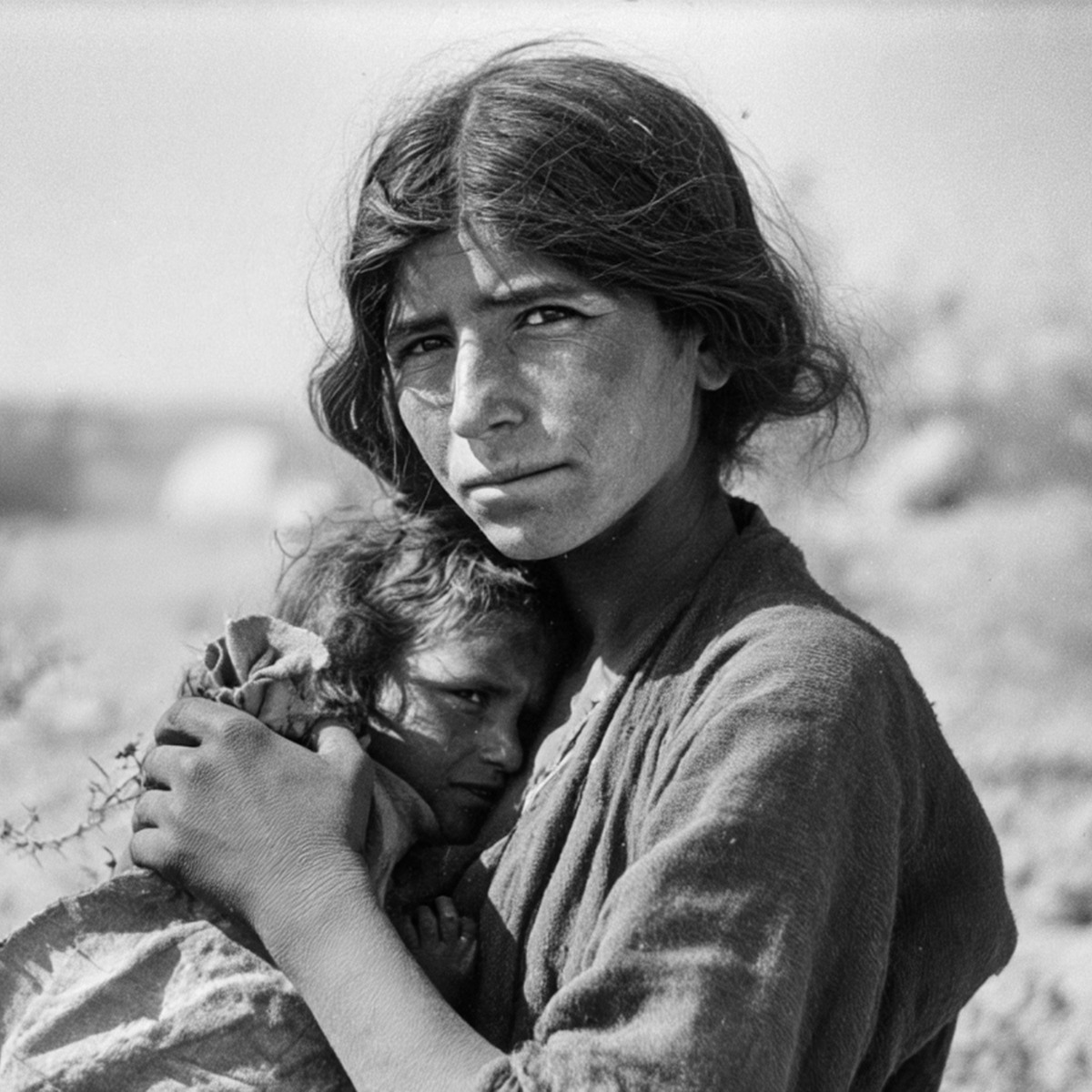 Imagined historical portrait of Hagar holding Ishmael close in the wilderness.