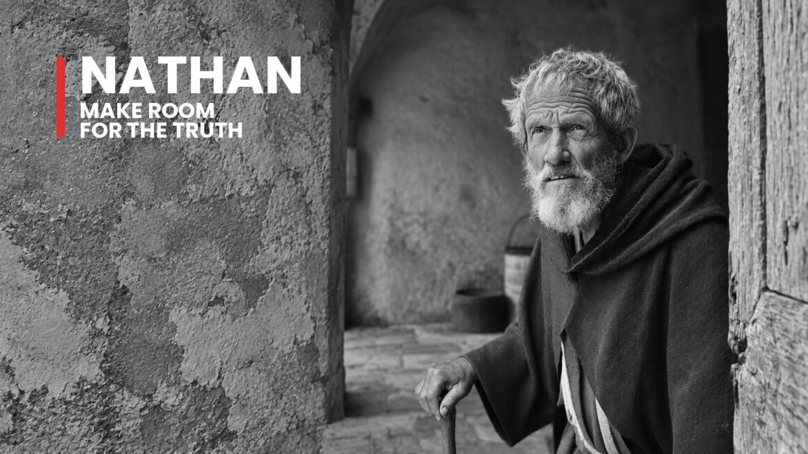 Illustrated black-and-white portrait of Nathan in a worn Jerusalem courtyard beside the words Make Room for the Truth.
