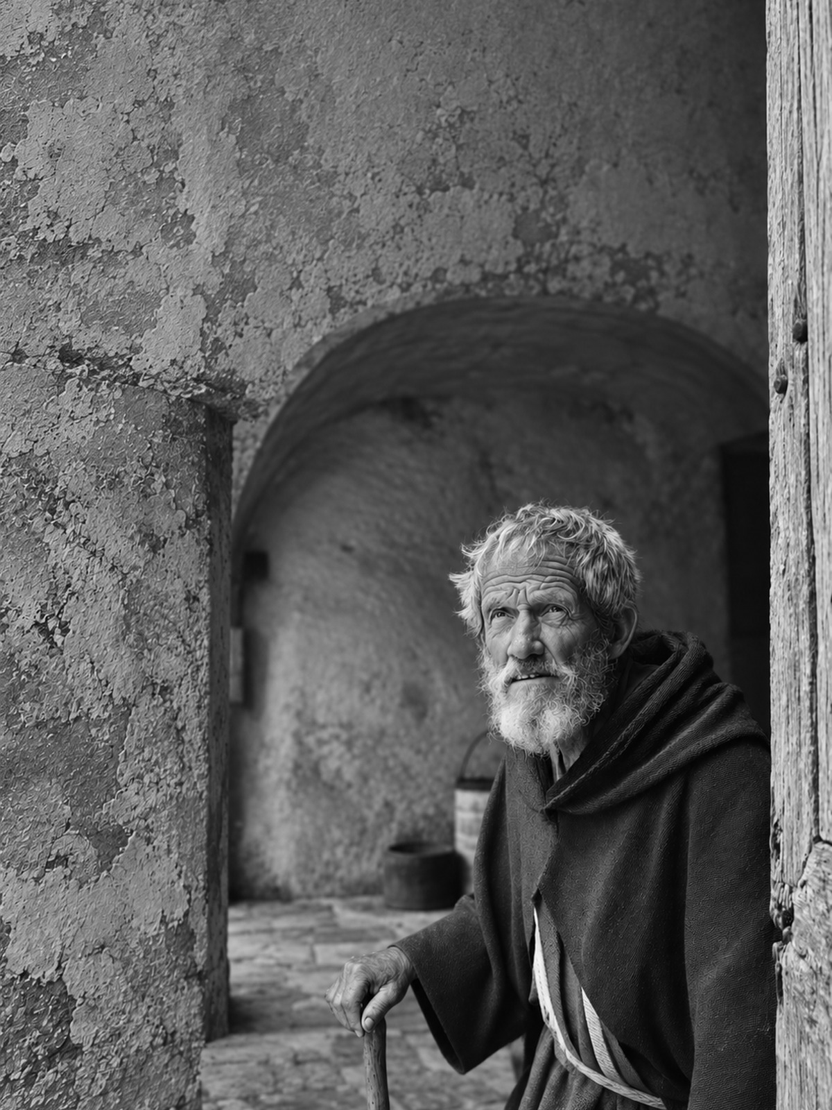 Illustrated black-and-white portrait of Nathan beside a worn Jerusalem doorway.