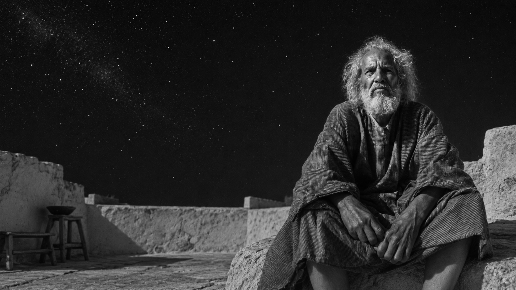 Text-free imagined historical portrait of Nicodemus on a Jerusalem rooftop at night.
