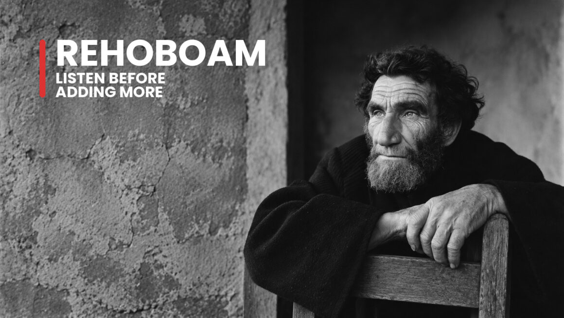 Historical illustration of Rehoboam in a worn courtyard, beside the words Listen Before Adding More.