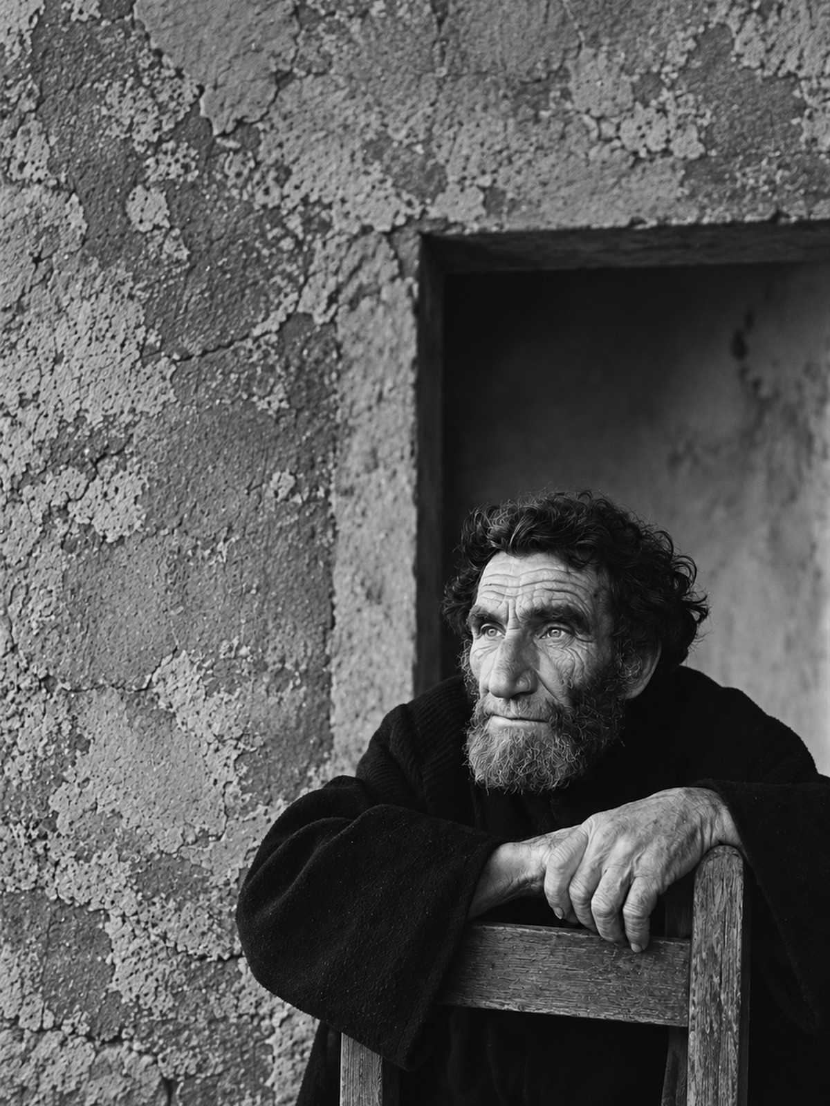 Imagined historical portrait of Rehoboam in a worn courtyard.