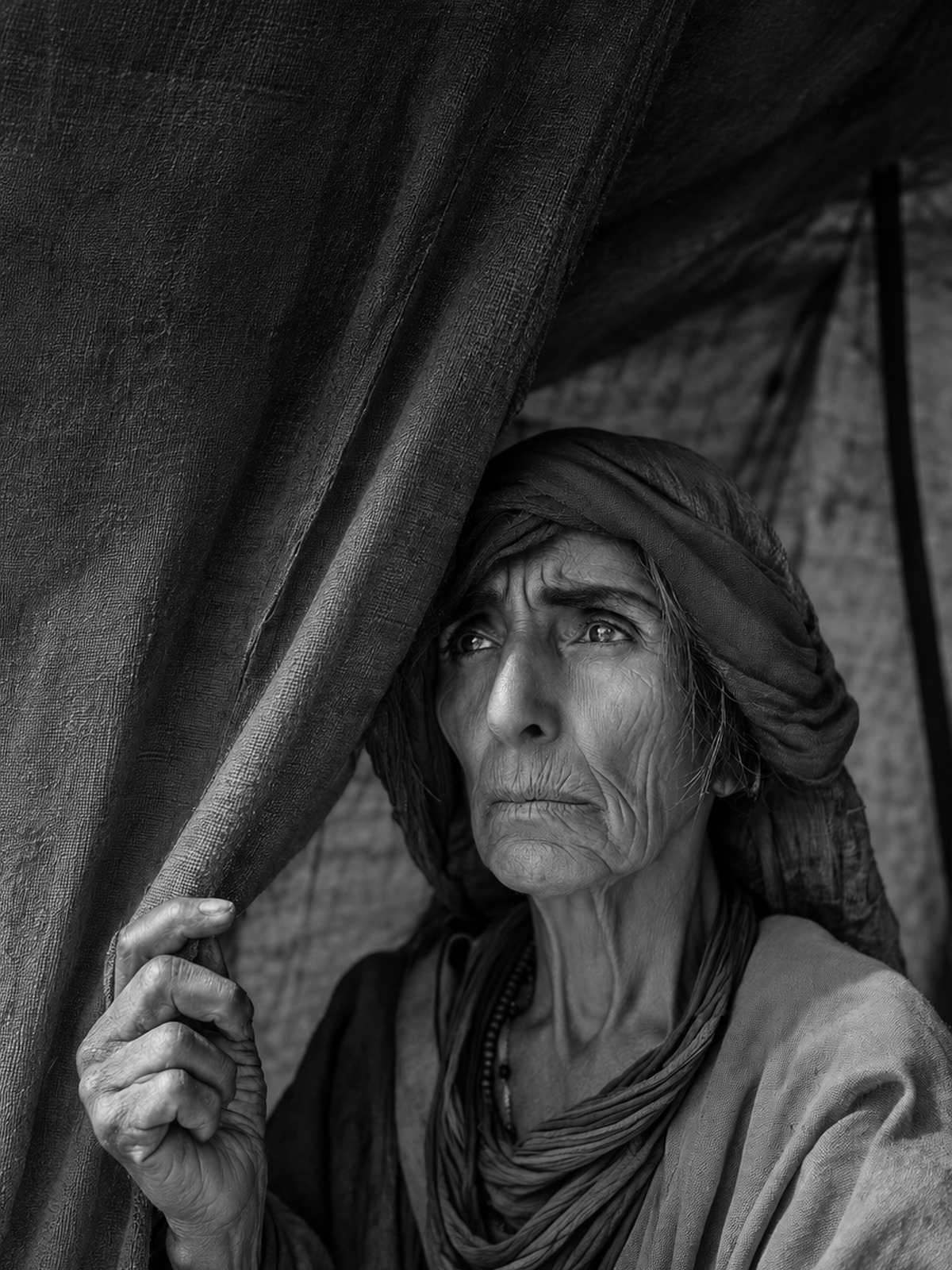 Imagined historical portrait of Sarah, an elderly woman seated at the entrance to a woven tent.