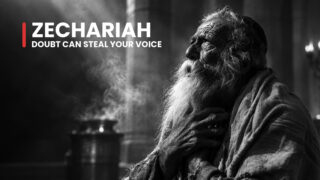 Zechariah the priest presses a hand to his chest beside rising temple smoke, his lined face lifted in silent uncertainty.