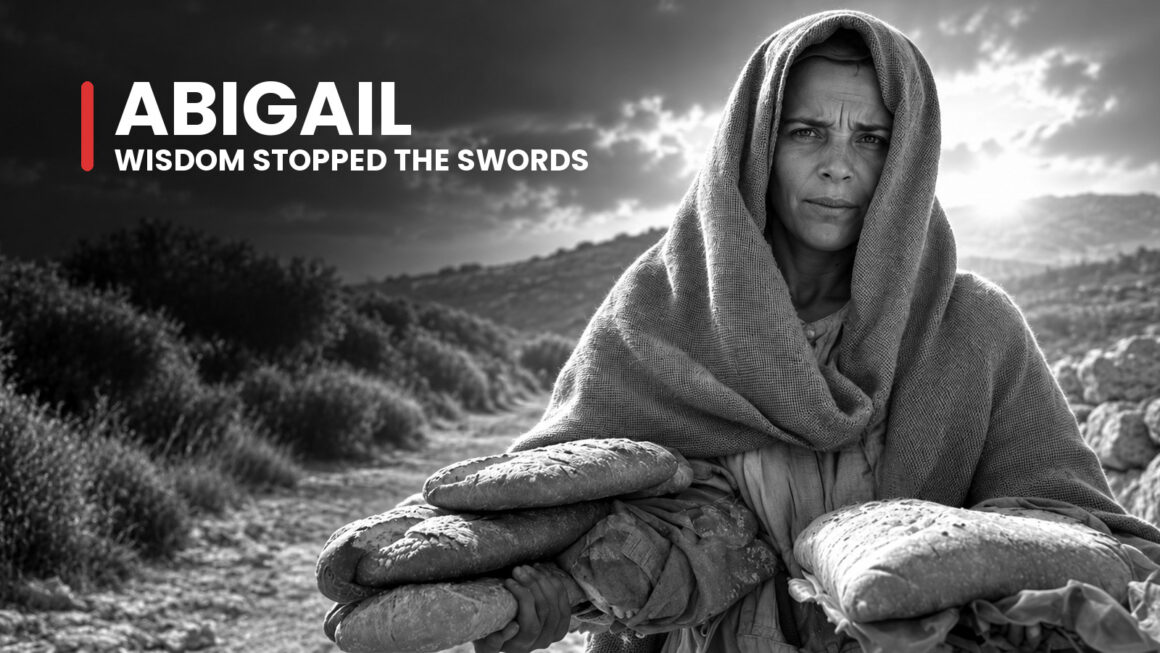 Abigail, Nabal's wise wife, carries bread along a rocky path, her intent expression matching her mission to stop bloodshed.