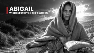 Abigail, Nabal's wise wife, carries bread along a rocky path, her intent expression matching her mission to stop bloodshed.