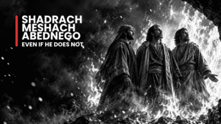 Shadrach, Meshach and Abednego, faithful exiles, stand beneath a towering shadow in a smoke-filled furnace.